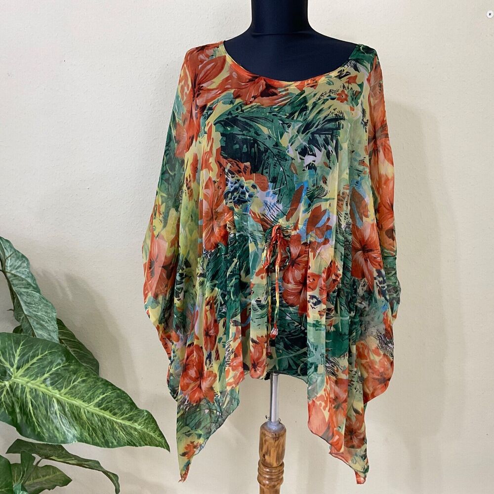 Sunflower simi sheer blouse top cover Women’s OS Chiffon Floral drawstring waist